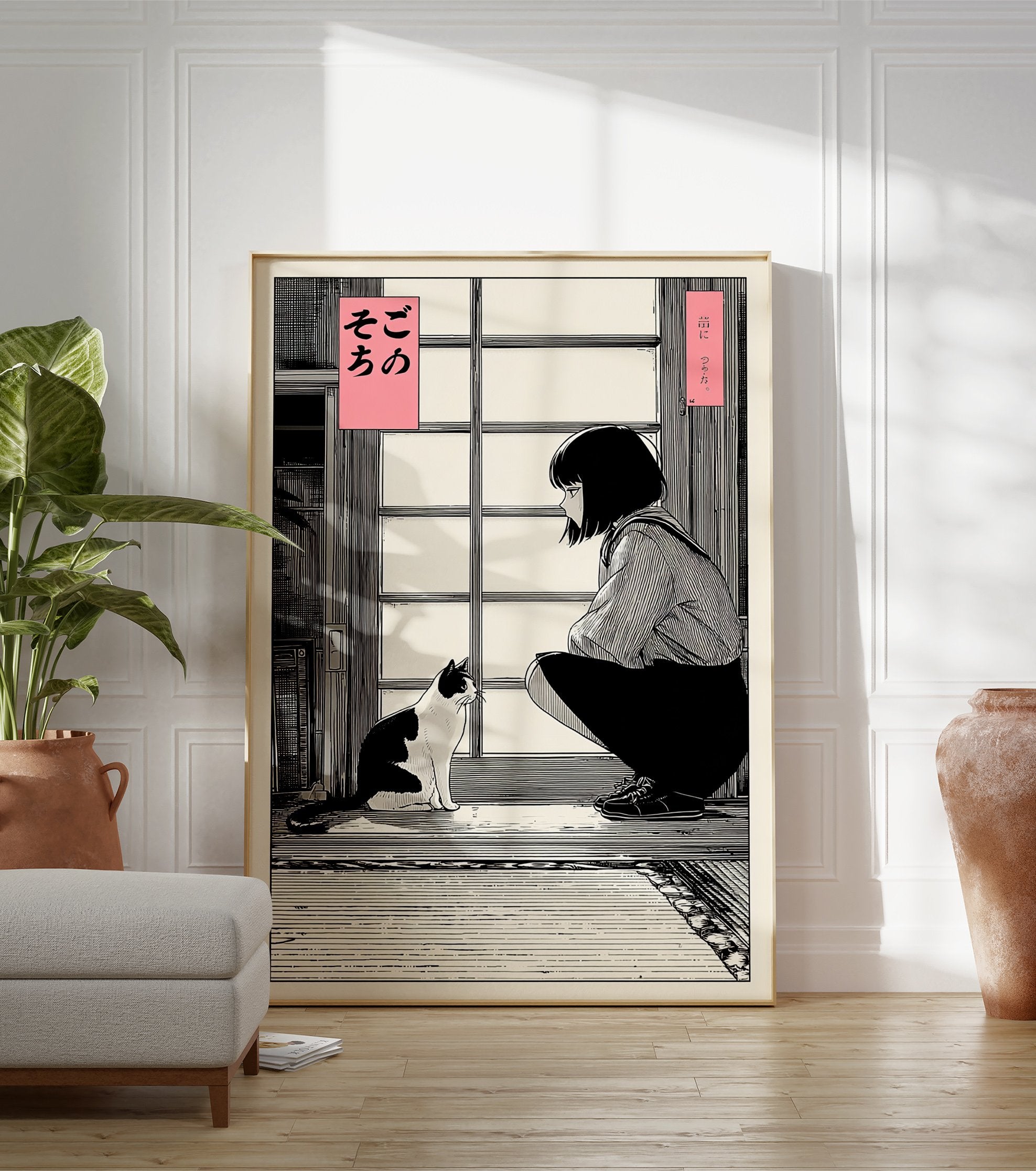 Japanese cat poster featuring a girl and a black and white cat in a traditional room, manga illustration style. - Image 3