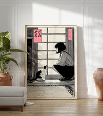 Japanese cat poster featuring a girl and a black and white cat in a traditional room, manga illustration style. - Image 3