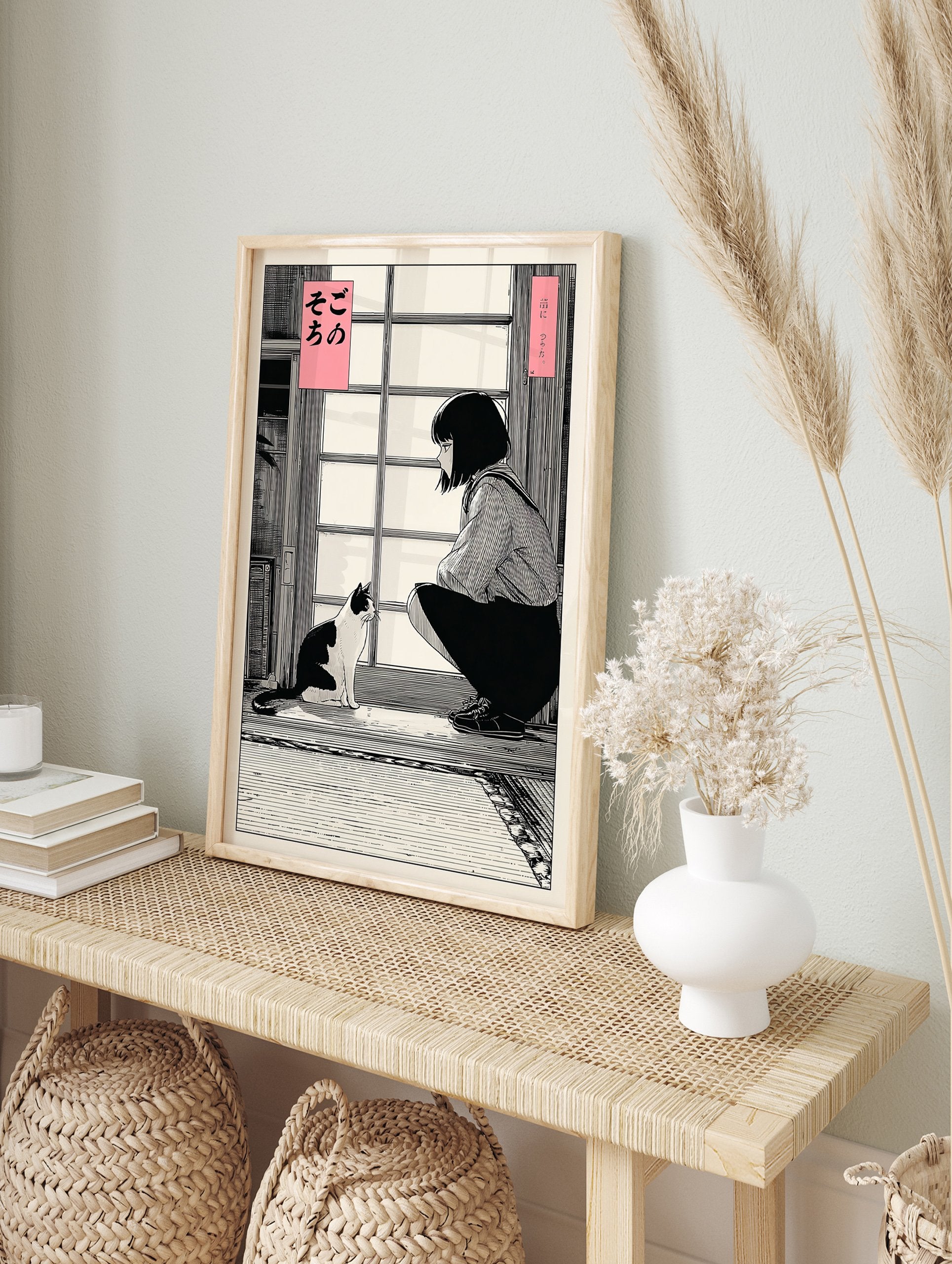 Japanese cat poster featuring a girl and a black and white cat in a traditional room, manga illustration style. - Image 4