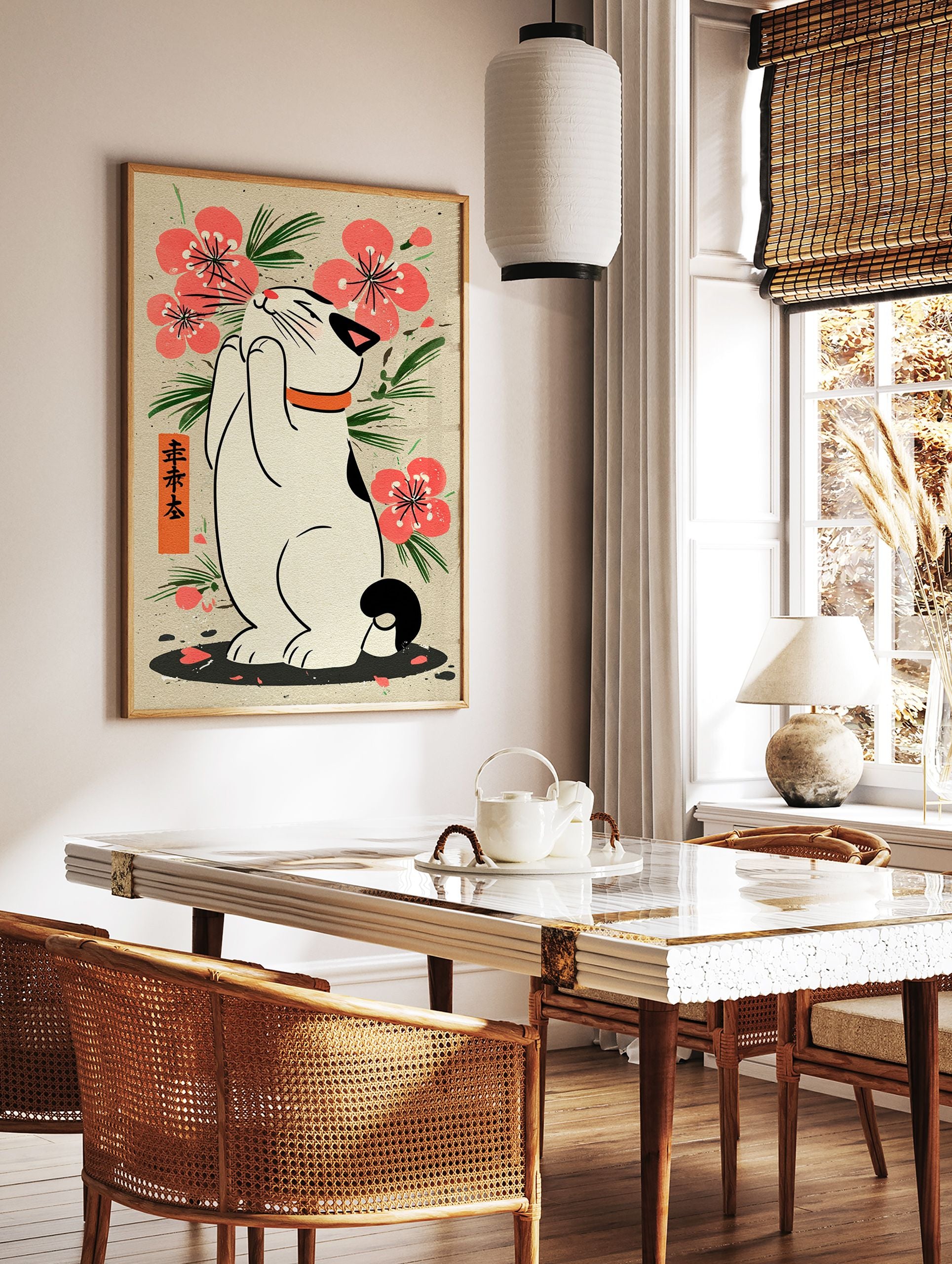 Japanese Cat Poster illustration with a white Maneki-Neko cat, pink cherry blossoms, green leaves, and Japanese text on beige paper. - Image 2