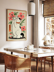Japanese Cat Poster illustration with a white Maneki-Neko cat, pink cherry blossoms, green leaves, and Japanese text on beige paper. - Image 2