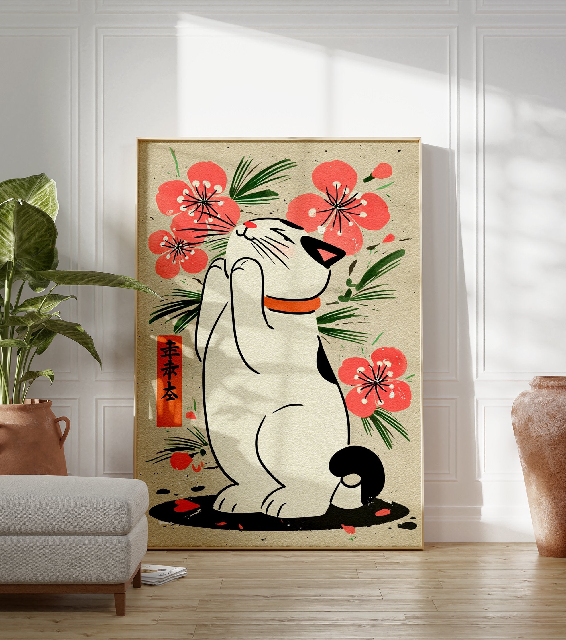 Japanese Cat Poster illustration with a white Maneki-Neko cat, pink cherry blossoms, green leaves, and Japanese text on beige paper. - Image 3