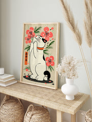 Japanese Cat Poster illustration with a white Maneki-Neko cat, pink cherry blossoms, green leaves, and Japanese text on beige paper. - Image 4