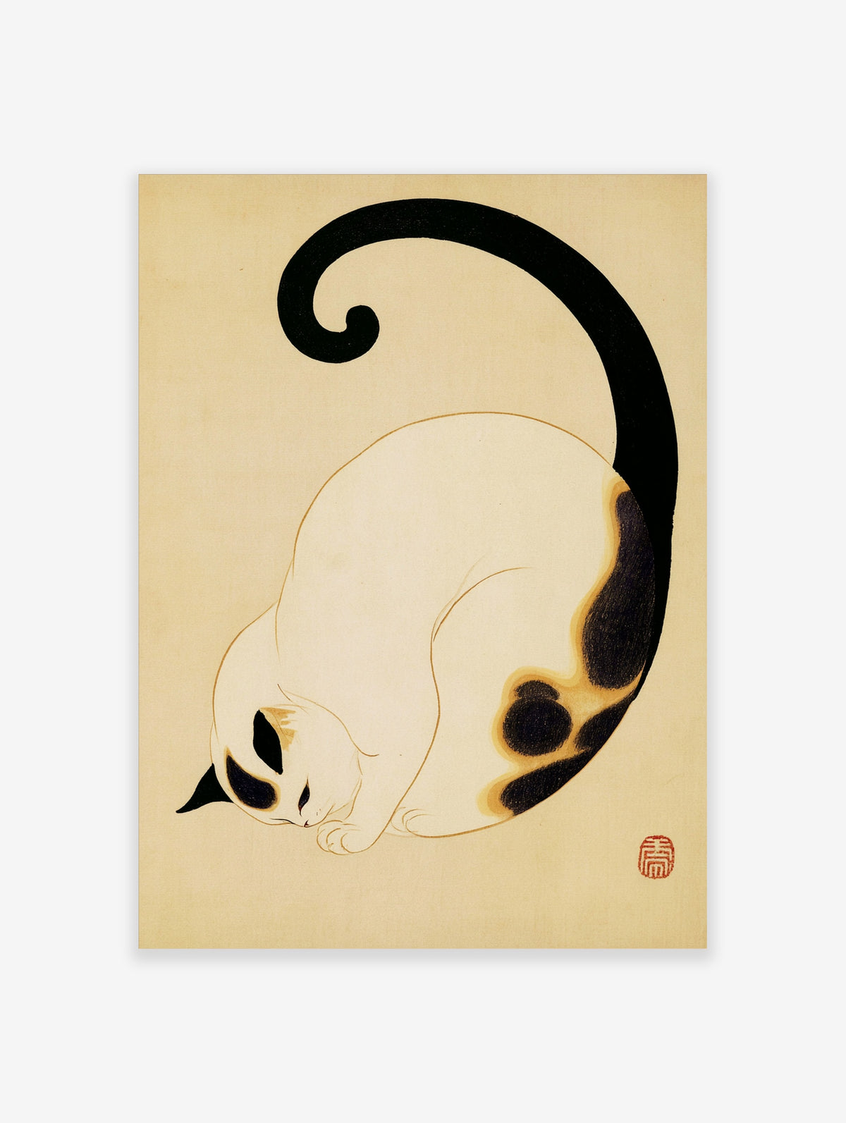 Minimalist Japanese cat poster with white curled cat, black tail and red seal on beige background