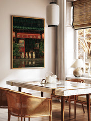 Japanese Cat Poster showing five cats sitting outside a rainy shop with a red awning, a vending machine, and plants. - Image 2