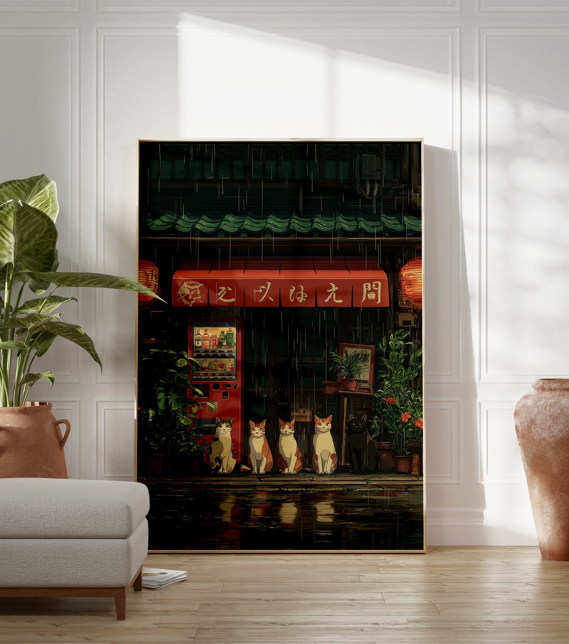 Japanese Cat Poster showing five cats sitting outside a rainy shop with a red awning, a vending machine, and plants. - Image 3