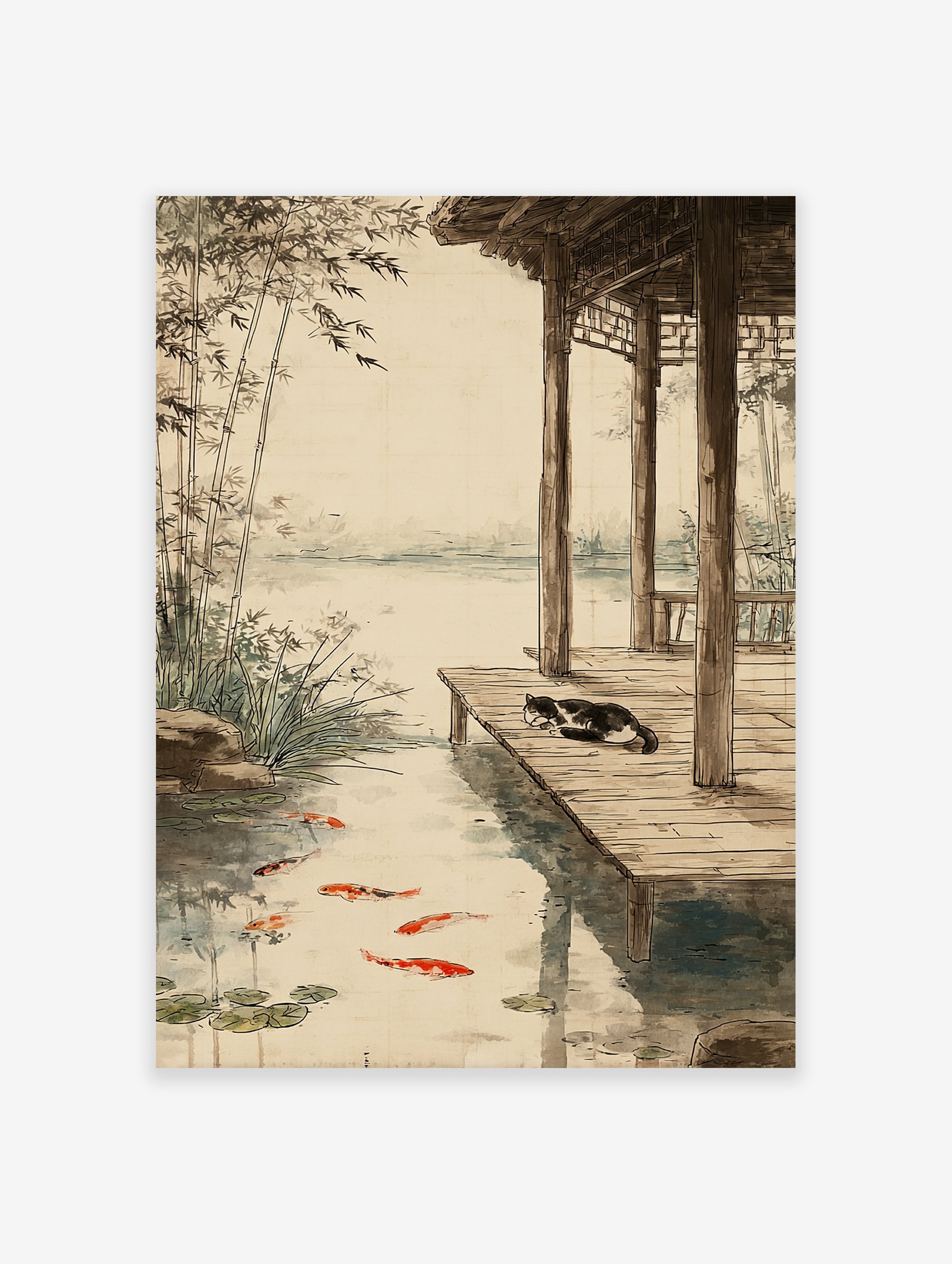 Japanese style illustration poster of a sleeping black and white cat on a wooden dock next to a koi fish pond with bamboo.