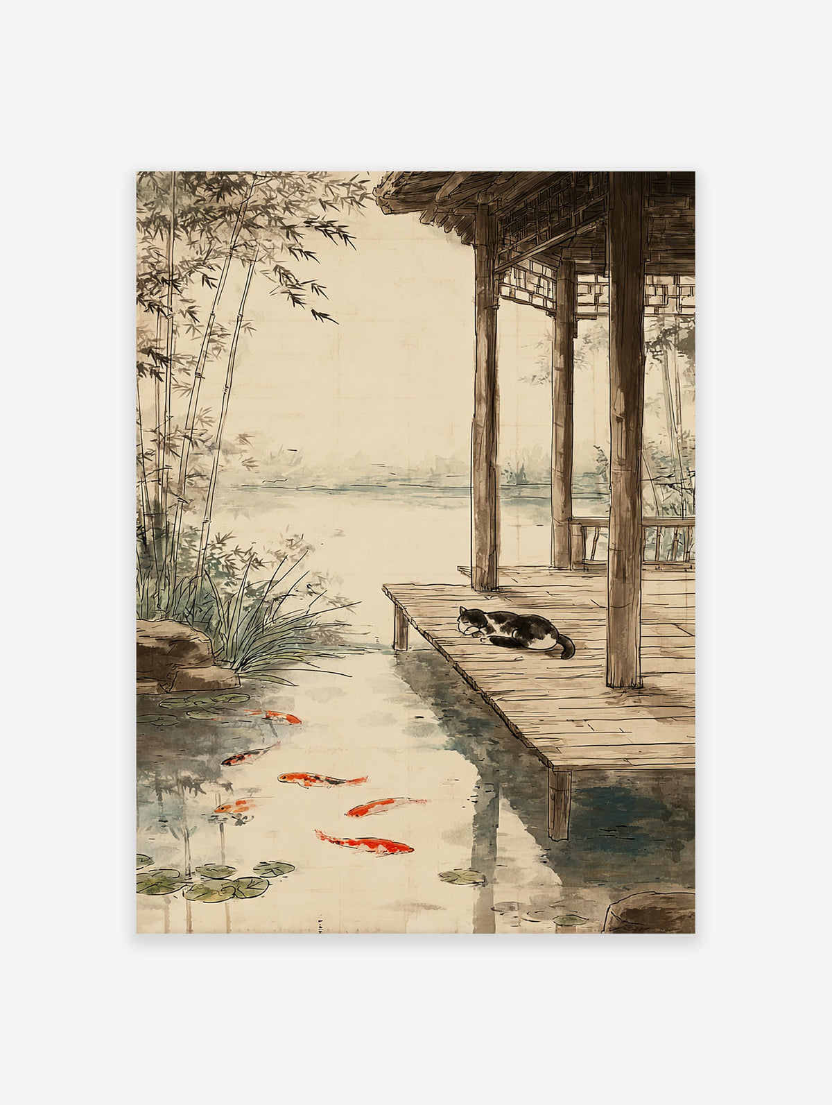 Japanese style illustration poster of a sleeping black and white cat on a wooden dock next to a koi fish pond with bamboo.