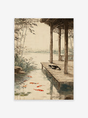 Japanese style illustration poster of a sleeping black and white cat on a wooden dock next to a koi fish pond with bamboo.