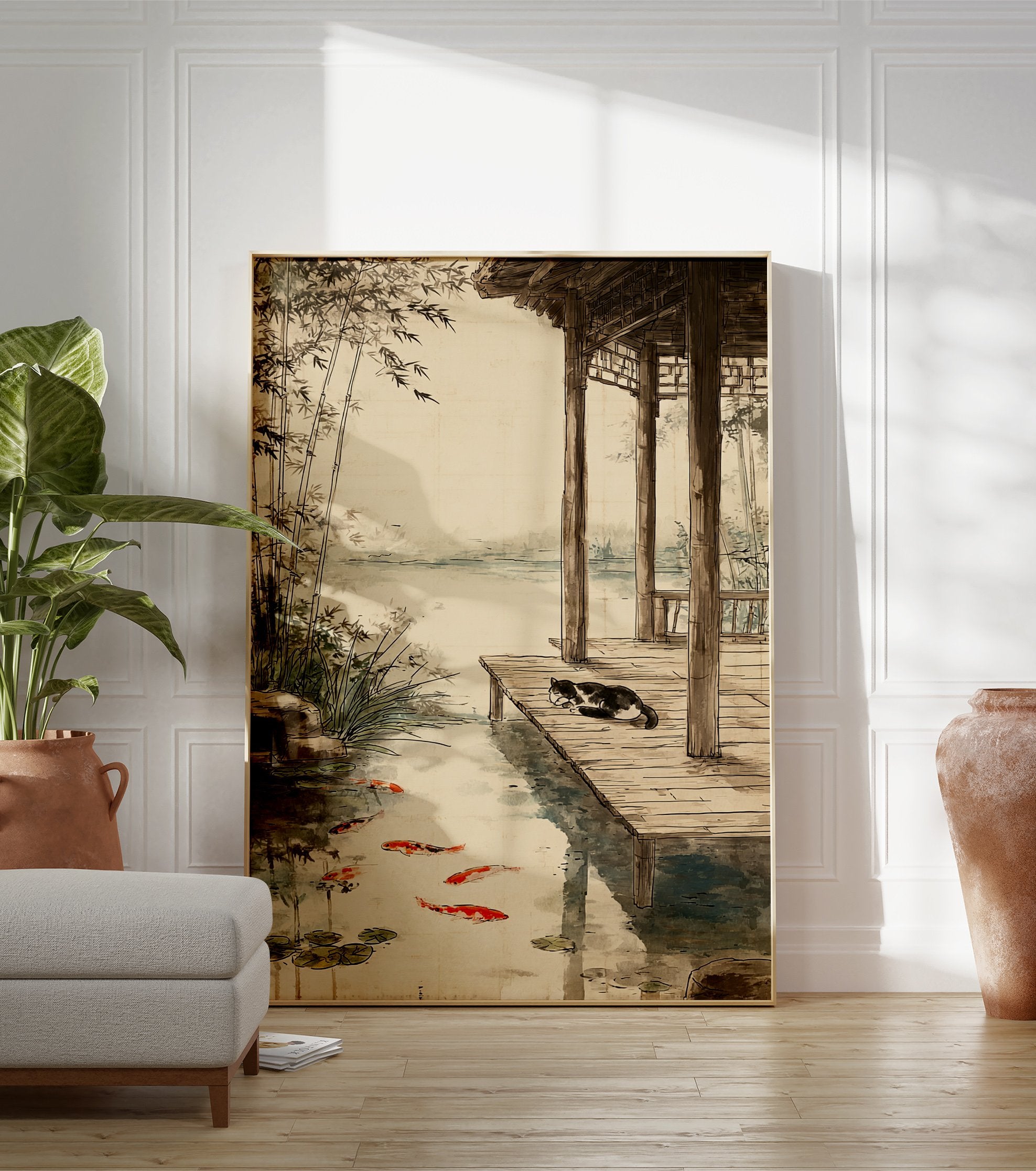 Japanese style illustration poster of a sleeping black and white cat on a wooden dock next to a koi fish pond with bamboo. - Image 3