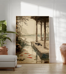 Japanese style illustration poster of a sleeping black and white cat on a wooden dock next to a koi fish pond with bamboo. - Image 3