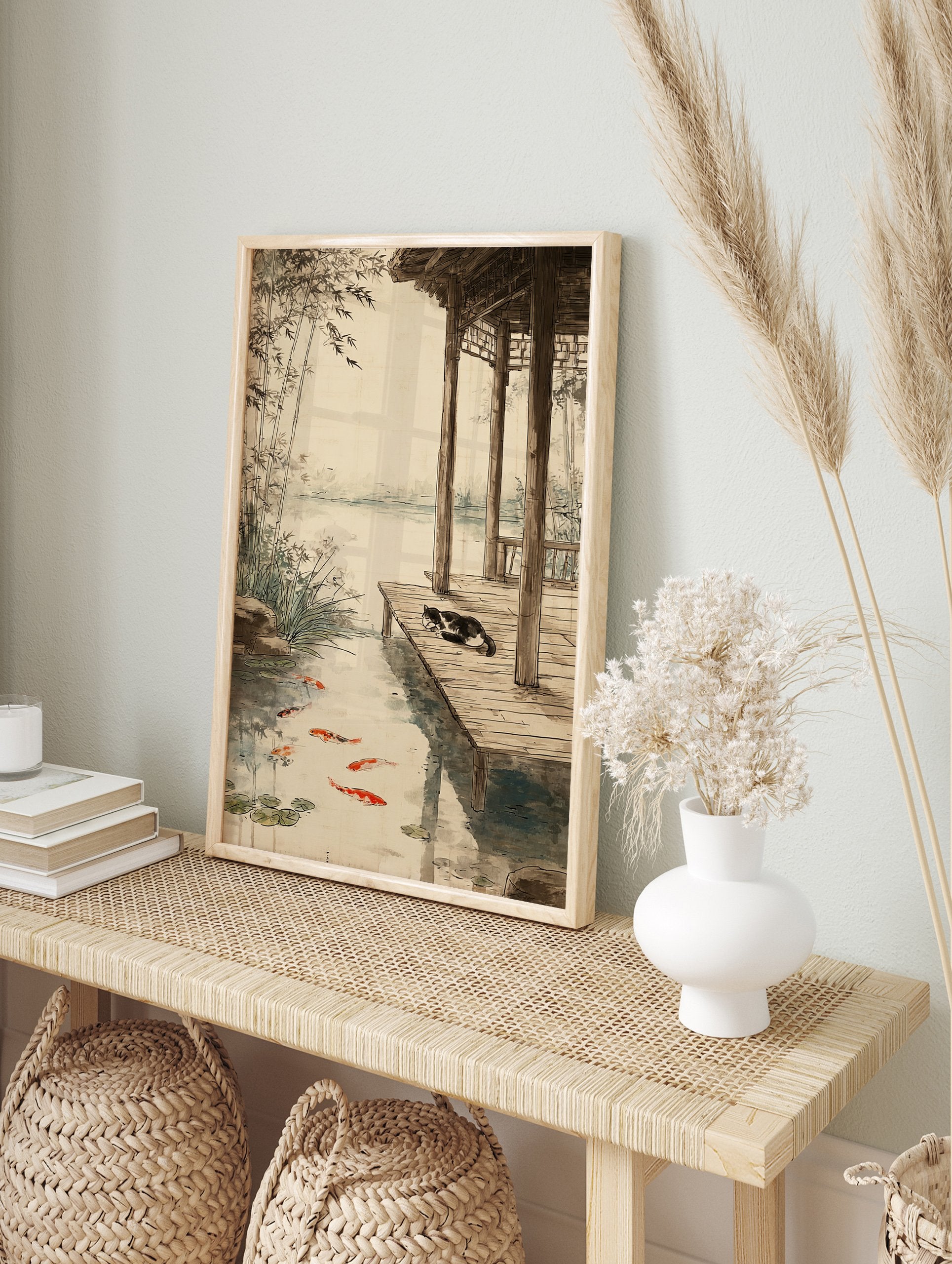 Japanese style illustration poster of a sleeping black and white cat on a wooden dock next to a koi fish pond with bamboo. - Image 4