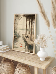 Japanese style illustration poster of a sleeping black and white cat on a wooden dock next to a koi fish pond with bamboo. - Image 4