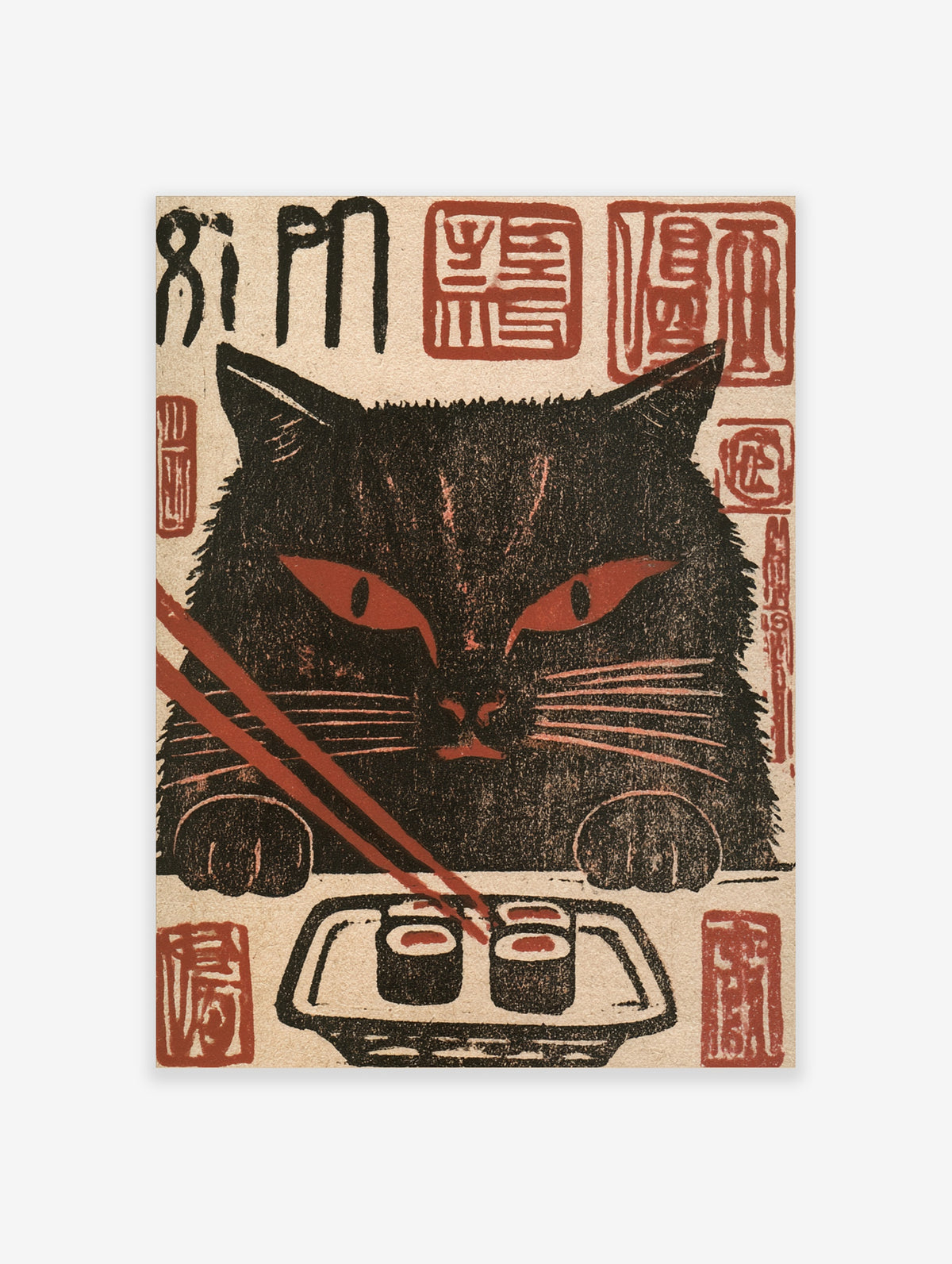 Black cat poster with red eyes, sushi tray, chopsticks and red seal stamps