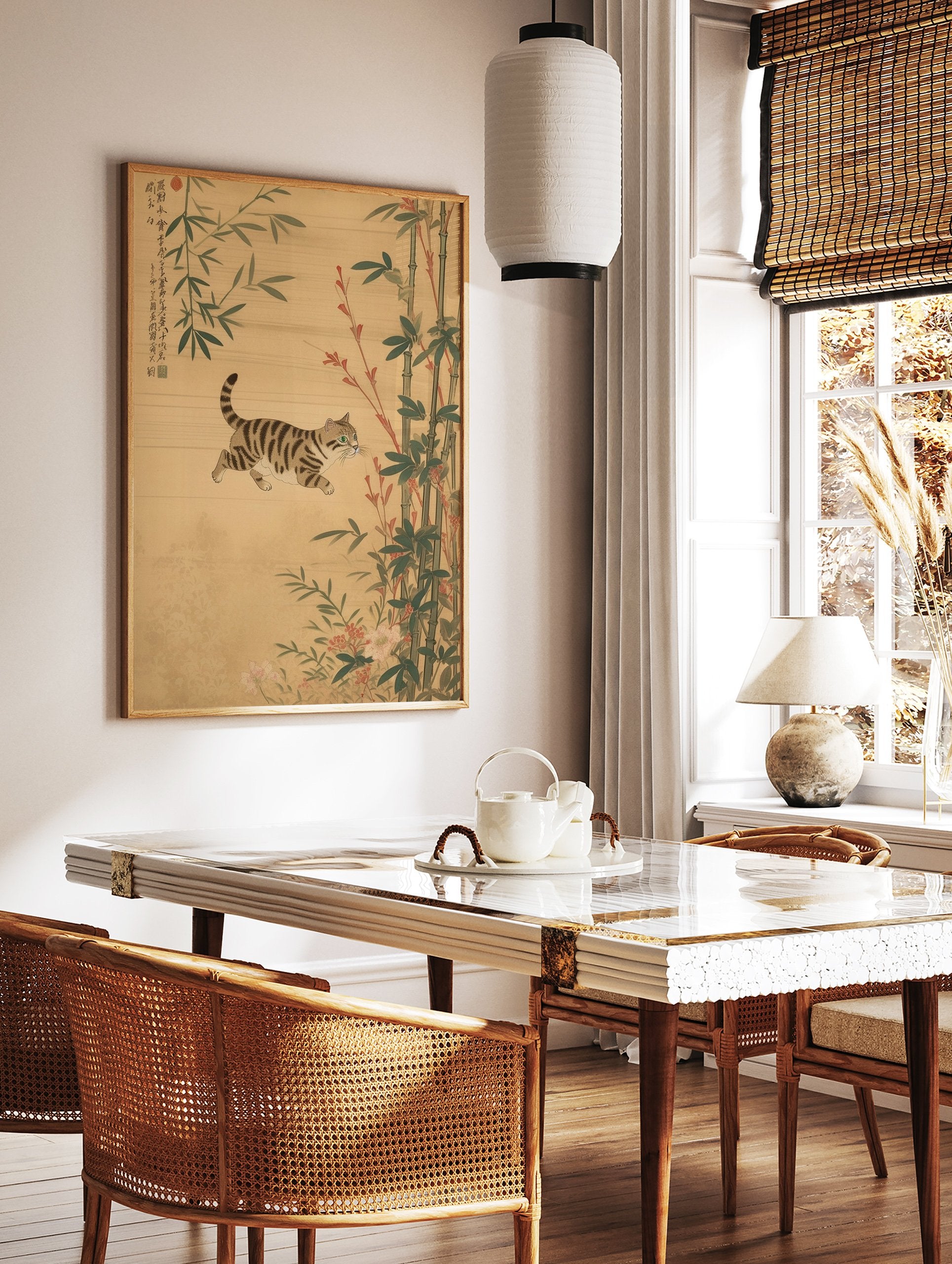 Japanese cat poster featuring a tabby cat leaping among green bamboo and red berries on a light background with calligraphy. - Image 2