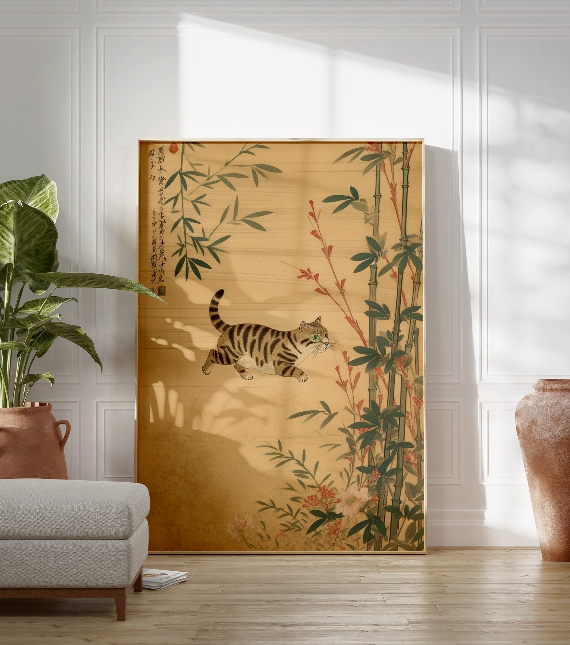 Japanese cat poster featuring a tabby cat leaping among green bamboo and red berries on a light background with calligraphy. - Image 3