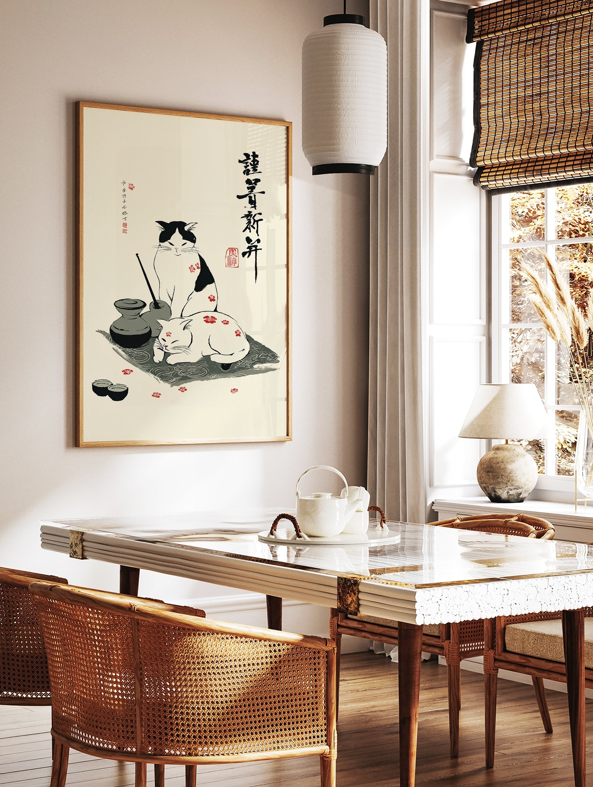 Japanese cat poster with two cats, one black and white, one white, surrounded by plum blossoms and traditional Japanese items. - Image 2