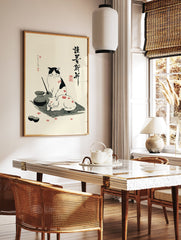 Japanese cat poster with two cats, one black and white, one white, surrounded by plum blossoms and traditional Japanese items. - Image 2