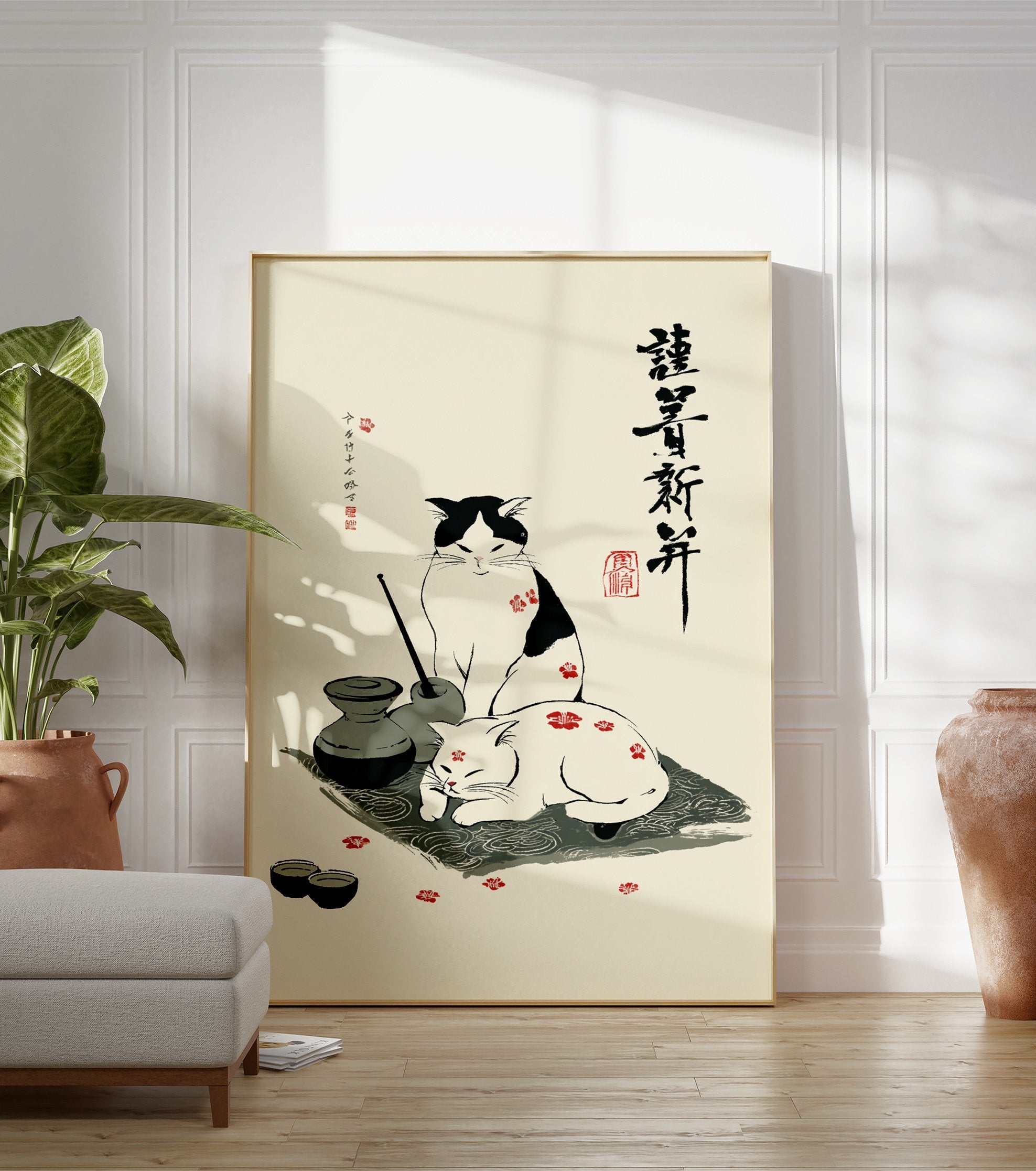 Japanese cat poster with two cats, one black and white, one white, surrounded by plum blossoms and traditional Japanese items. - Image 3