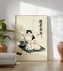 Japanese cat poster with two cats, one black and white, one white, surrounded by plum blossoms and traditional Japanese items. - Image 3