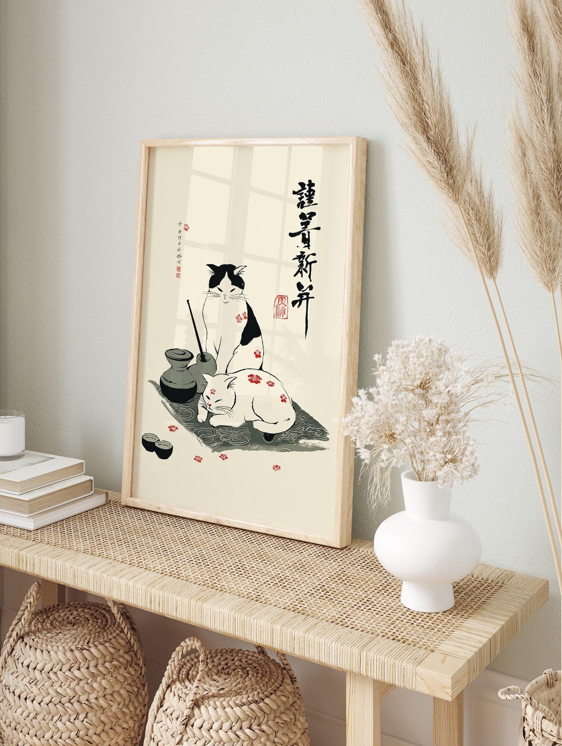 Japanese cat poster with two cats, one black and white, one white, surrounded by plum blossoms and traditional Japanese items. - Image 4