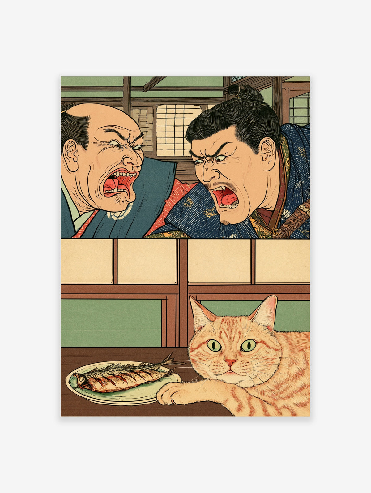 Japanese ukiyo-e style cat poster with two shouting men and a ginger tabby beside a grilled fish