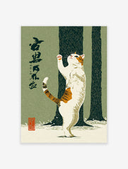 Ukiyo-e style Japanese art print of a calico cat standing on hind legs, reaching up against a green background with trees and snow.