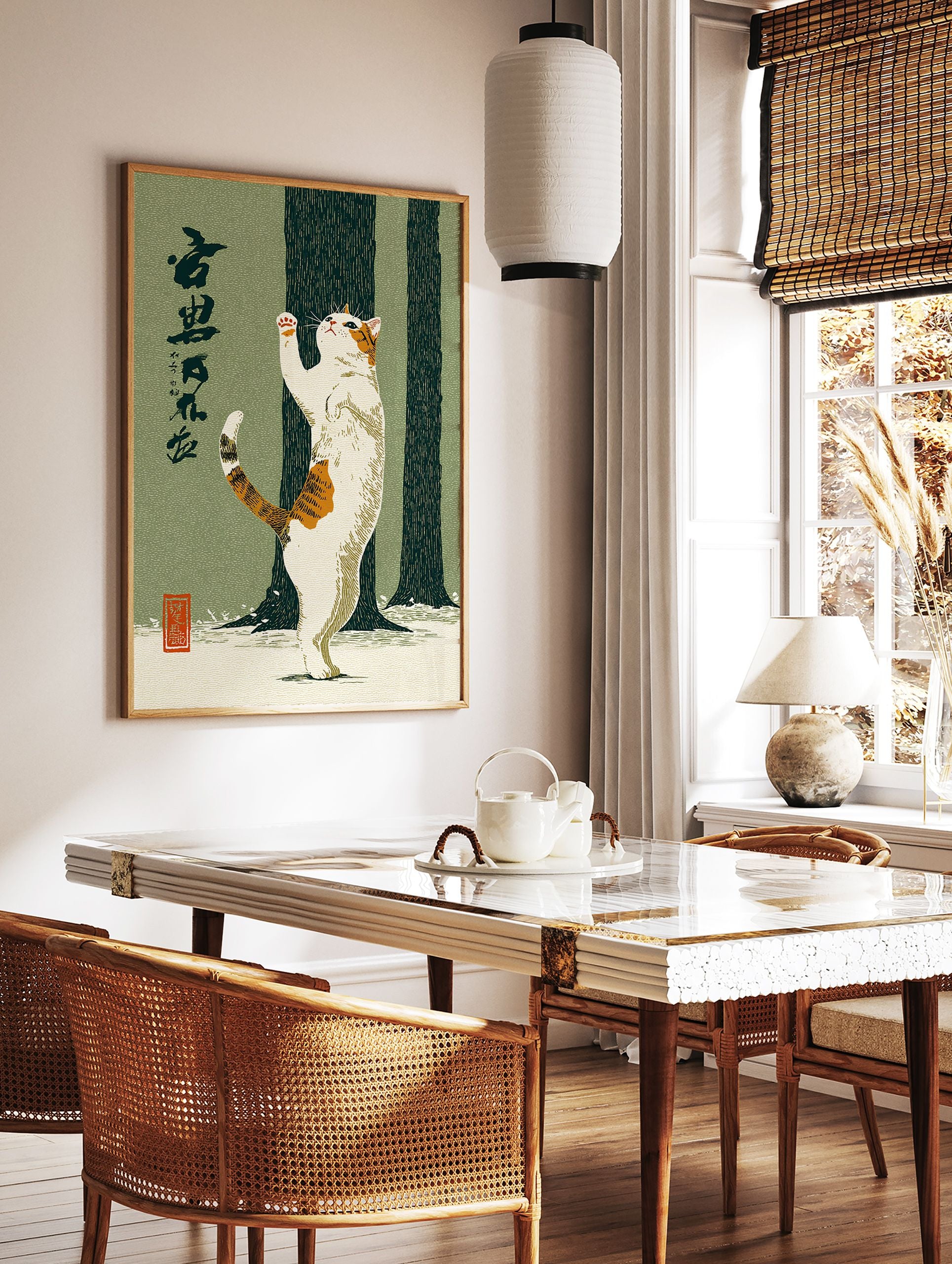 Ukiyo-e style Japanese art print of a calico cat standing on hind legs, reaching up against a green background with trees and snow. - Image 2