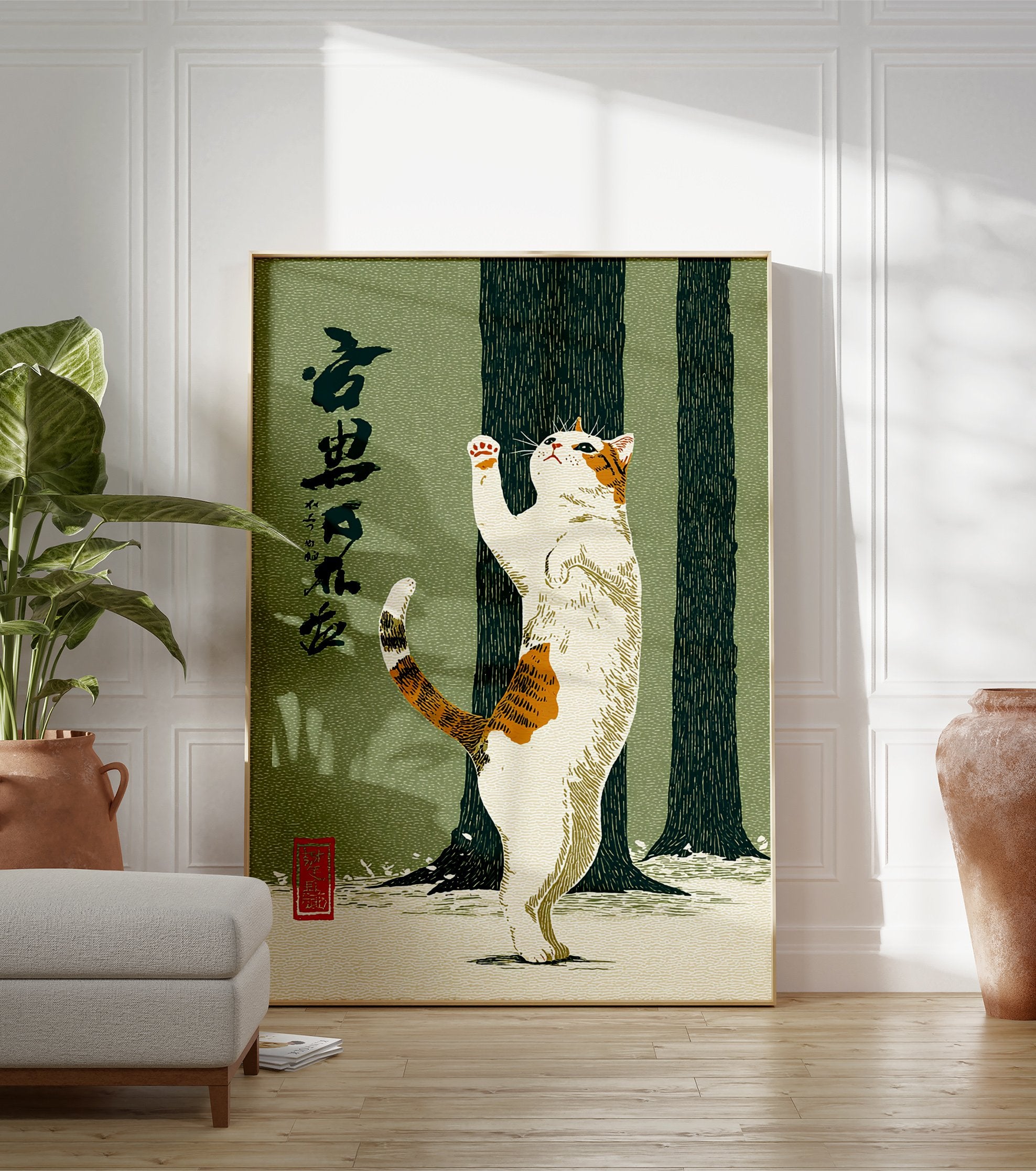 Ukiyo-e style Japanese art print of a calico cat standing on hind legs, reaching up against a green background with trees and snow. - Image 3