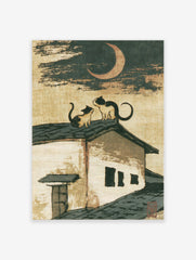 Japanese-style illustration of two cats sitting on a tiled roof beneath a crescent moon