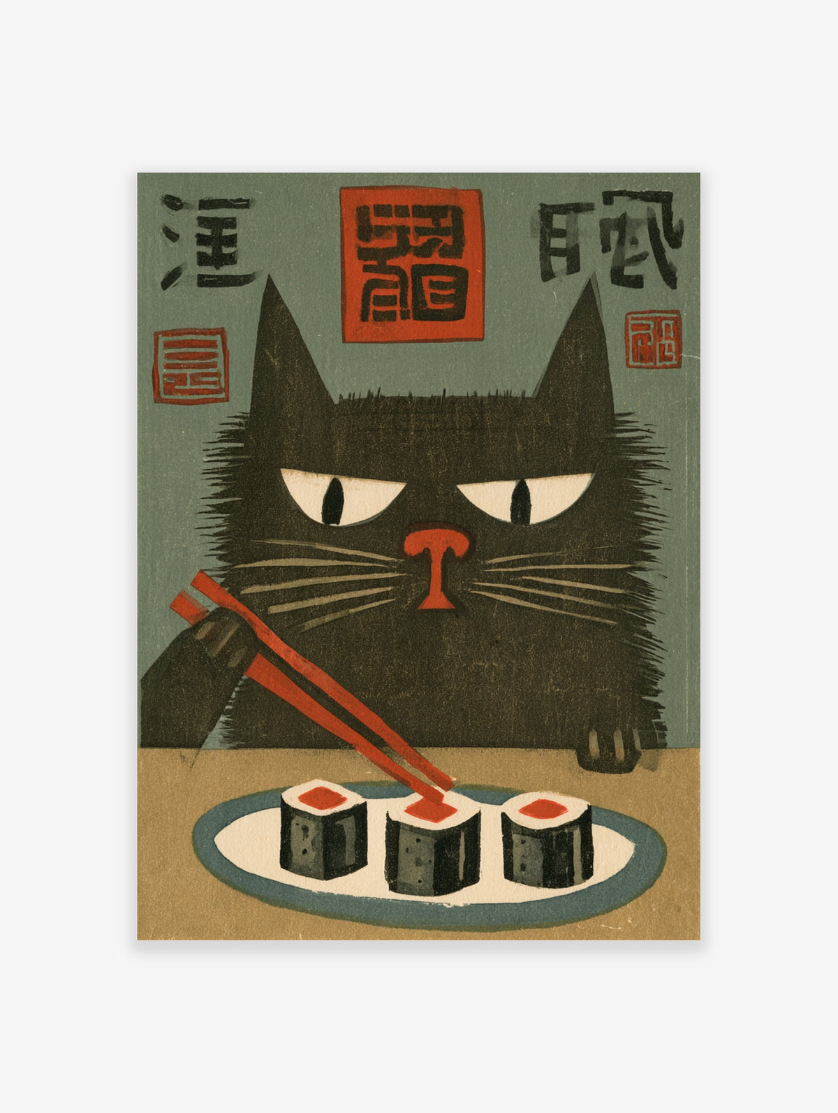 Black cat sushi poster with red chopsticks, maki rolls, and kanji stamps on green background
