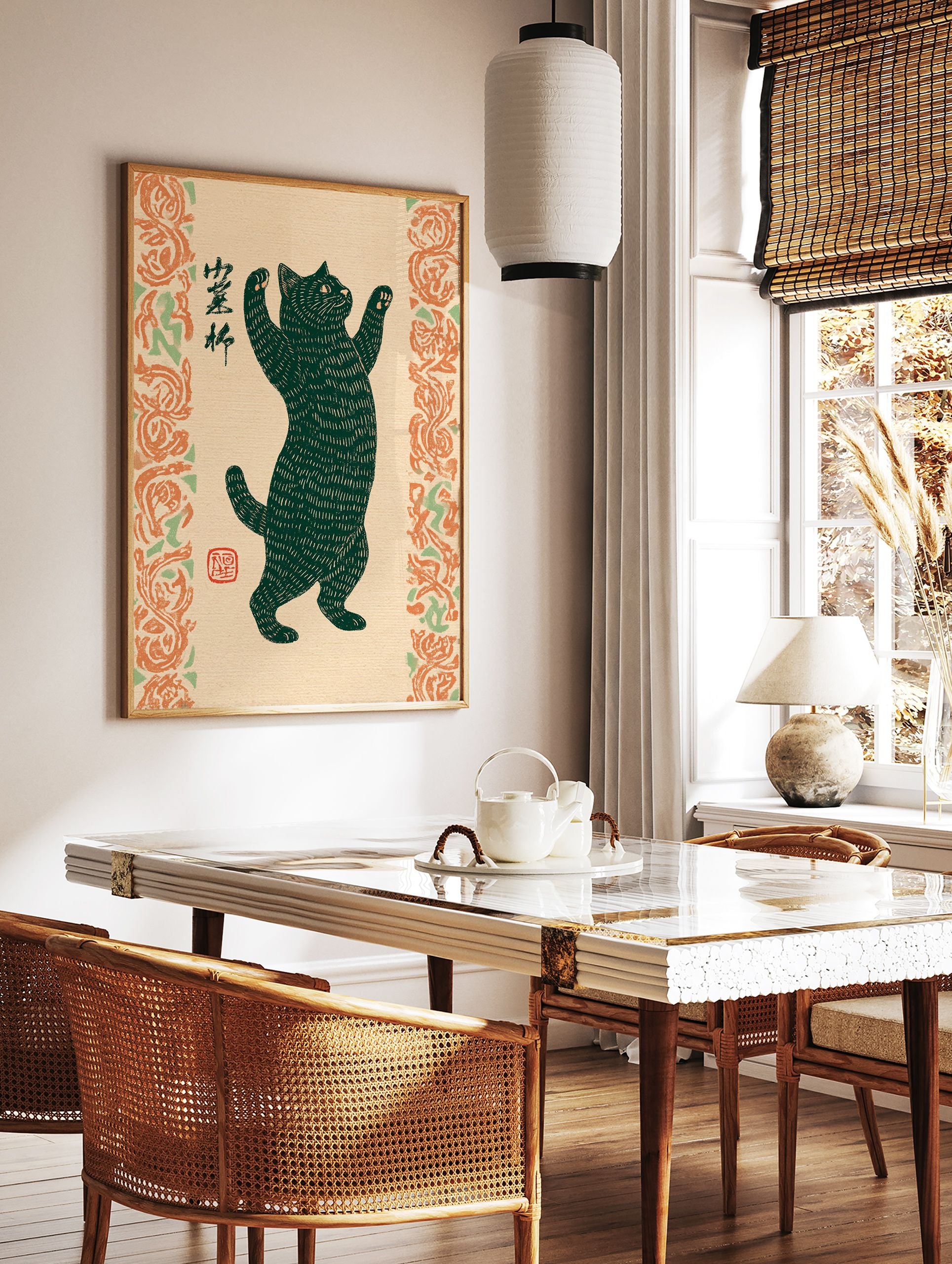Japanese black cat wall art illustration with raised paws, traditional script, and orange & green floral borders. - Image 2