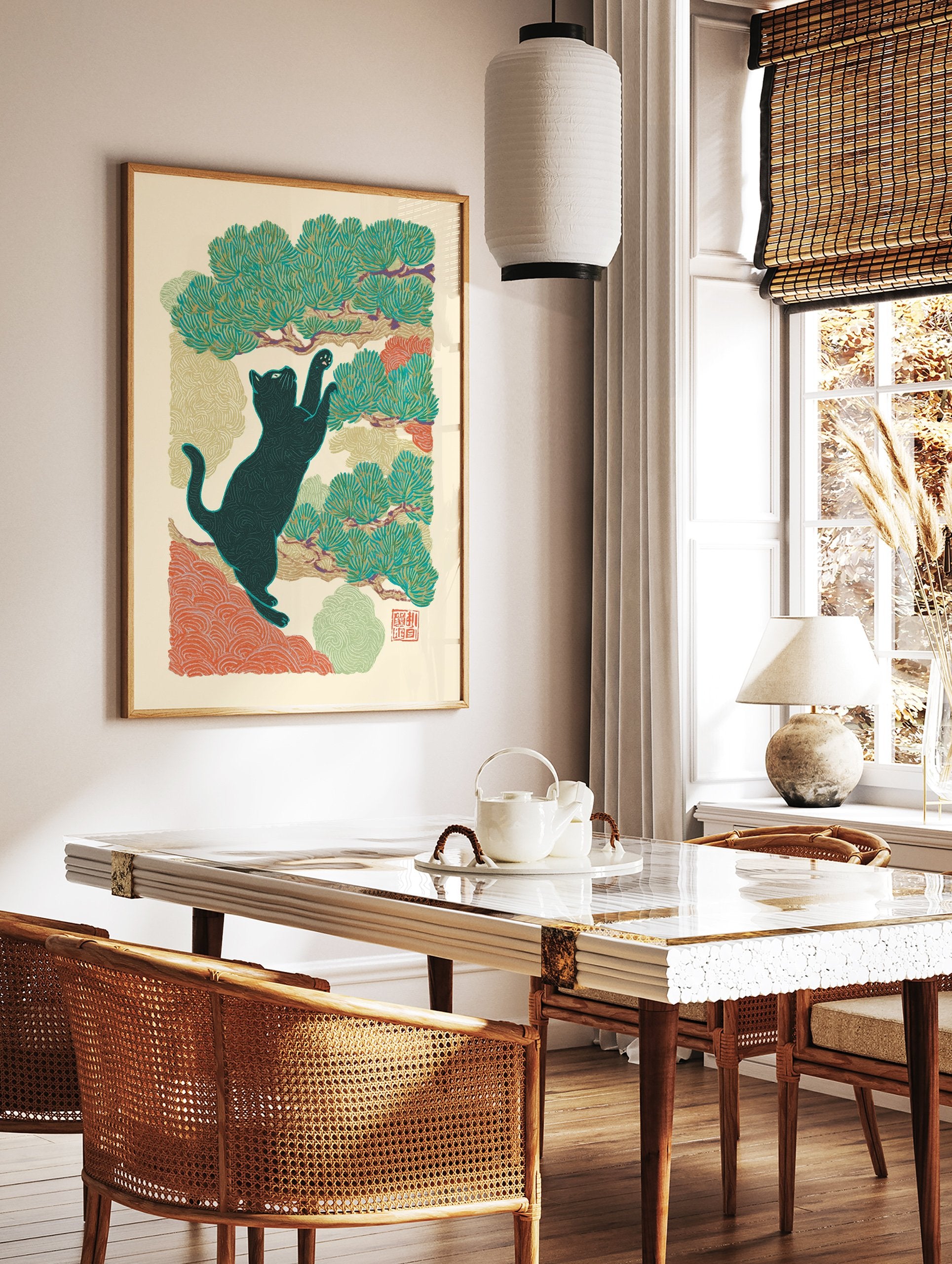 Japanese style wall art illustration of a black cat climbing a green pine tree against a cream background. - Image 2