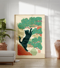 Japanese style wall art illustration of a black cat climbing a green pine tree against a cream background. - Image 3