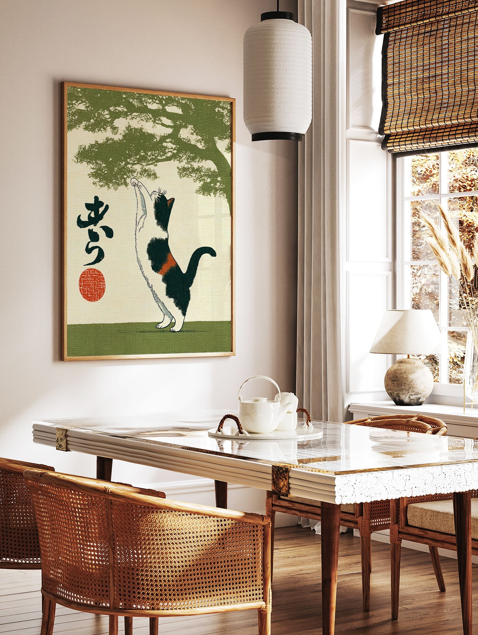 Japanese cat wall art print with a calico cat reaching up under a green tree silhouette, featuring Japanese script and a red circle. - Image 2