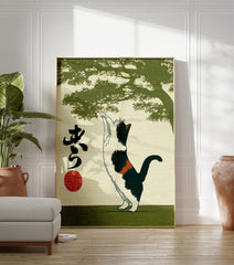Japanese cat wall art print with a calico cat reaching up under a green tree silhouette, featuring Japanese script and a red circle. - Image 3