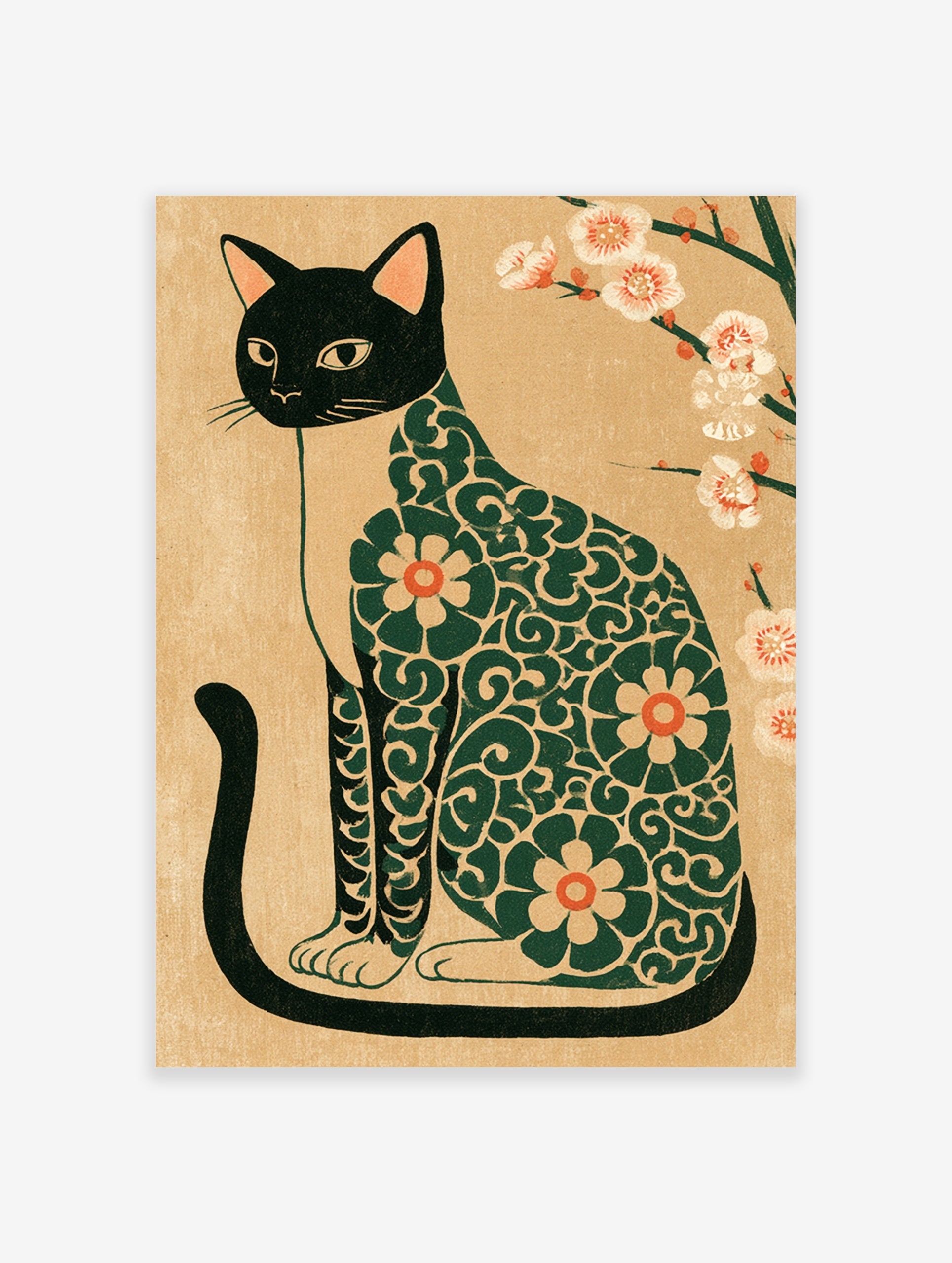 Japanese-style illustration of a black cat with a green floral pattern and white plum blossoms on a beige background