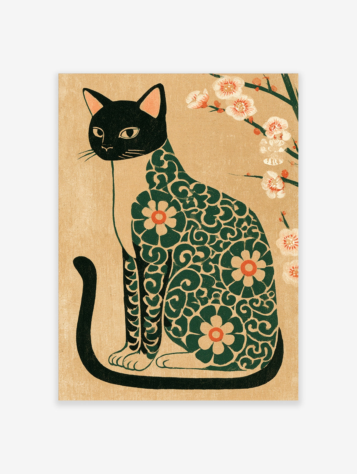 Japanese-style illustration of a black cat with a green floral pattern and white plum blossoms on a beige background
