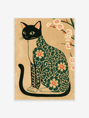 Japanese-style illustration of a black cat with a green floral pattern and white plum blossoms on a beige background