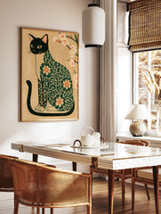 Japanese-style illustration of a black cat with a green floral pattern and white plum blossoms on a, in a styled room mockup