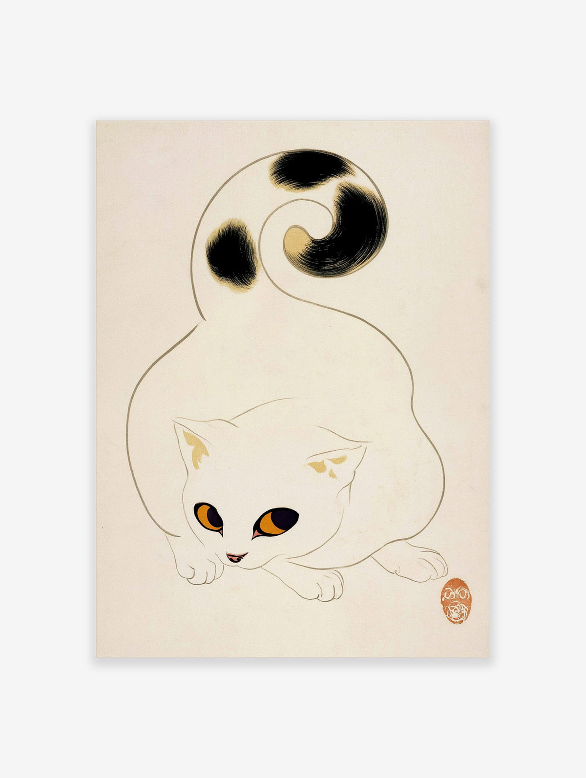 Minimalist Japanese cat art print with white cat, black curled tail, and amber eyes