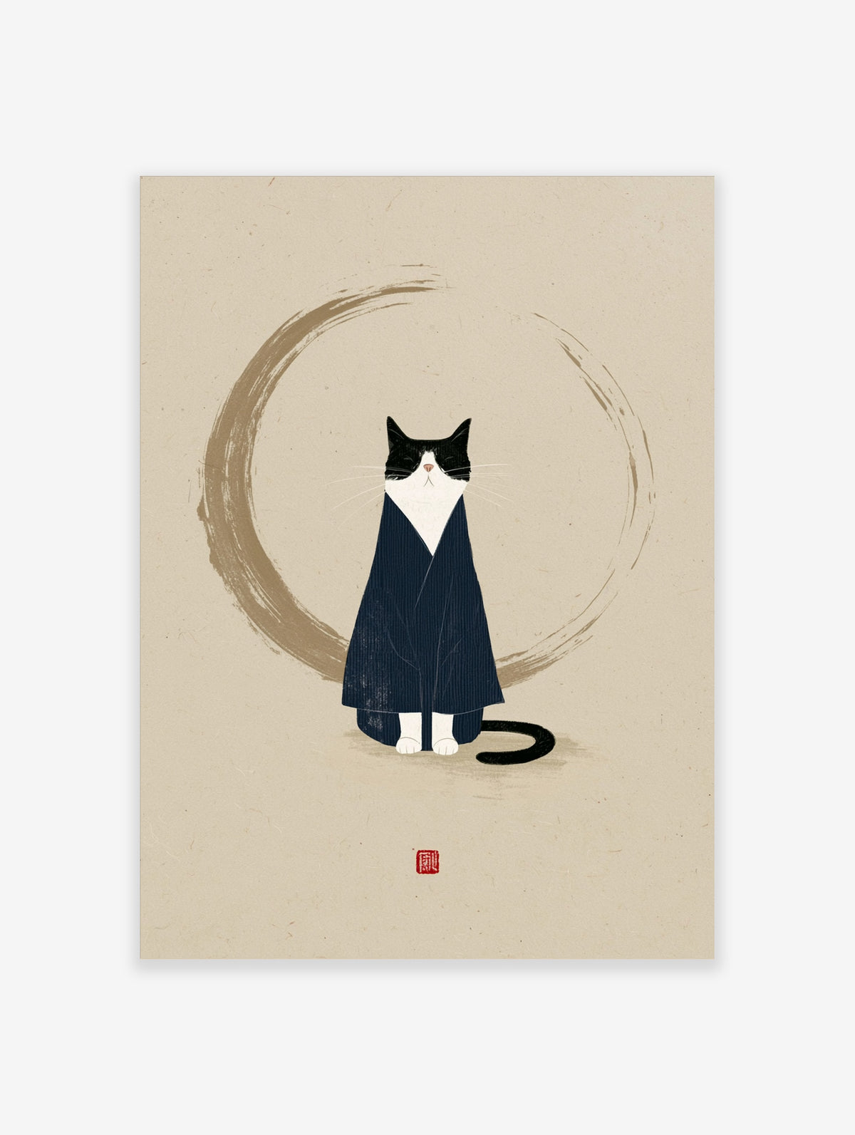 Tuxedo cat in navy kimono sitting before a beige brushstroke circle, Japanese-style cat art print