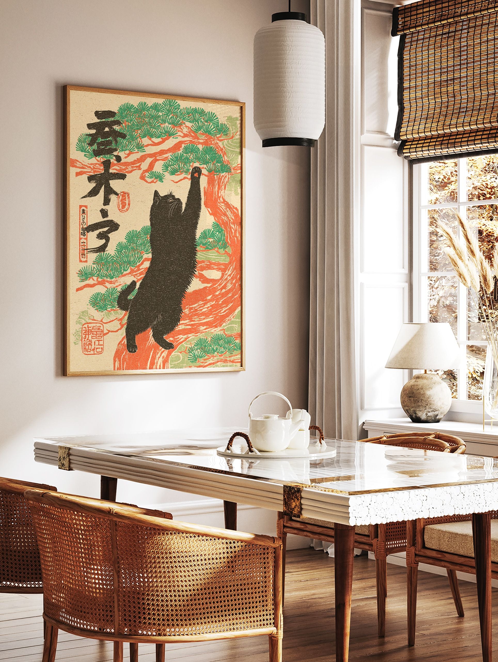 Japanese ukiyo-e style art print of a black cat reaching for green pine needles on an orange tree trunk. - Image 2
