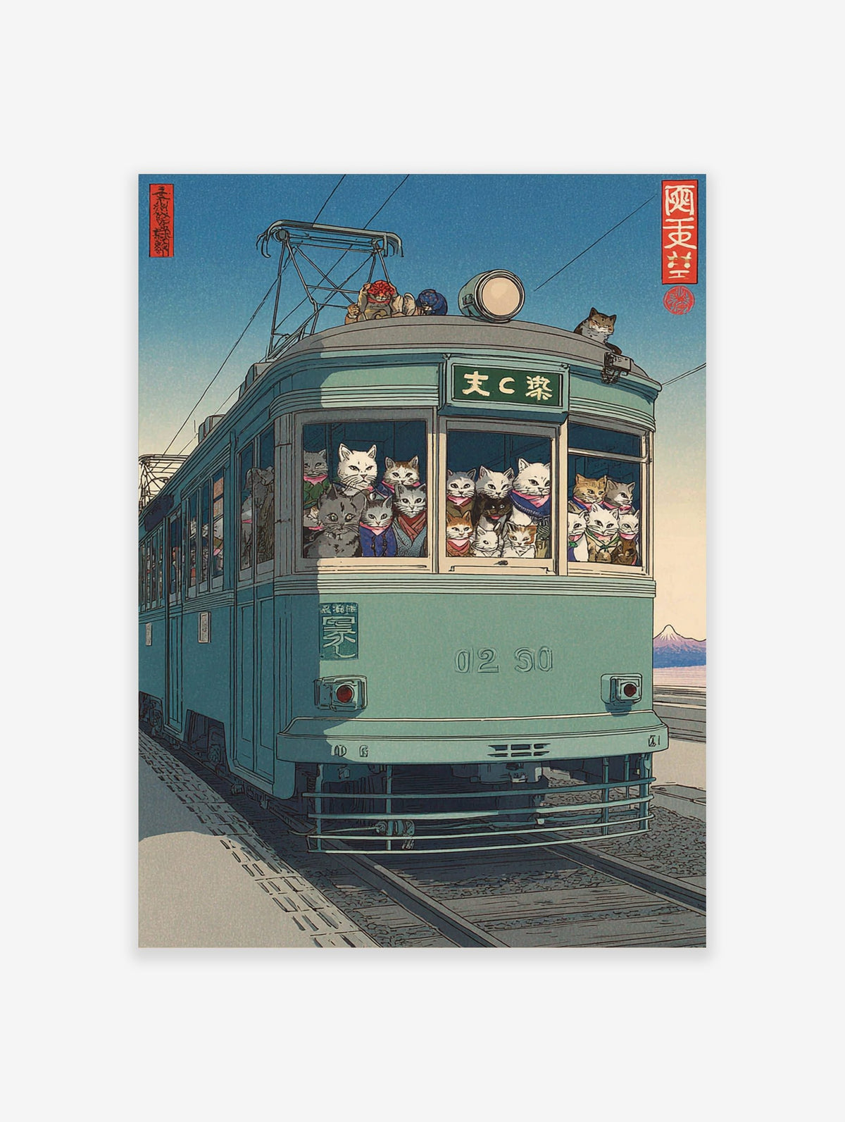 Japanese Ukiyo-e style art print of cats riding a teal tram with a distant mountain and blue sky