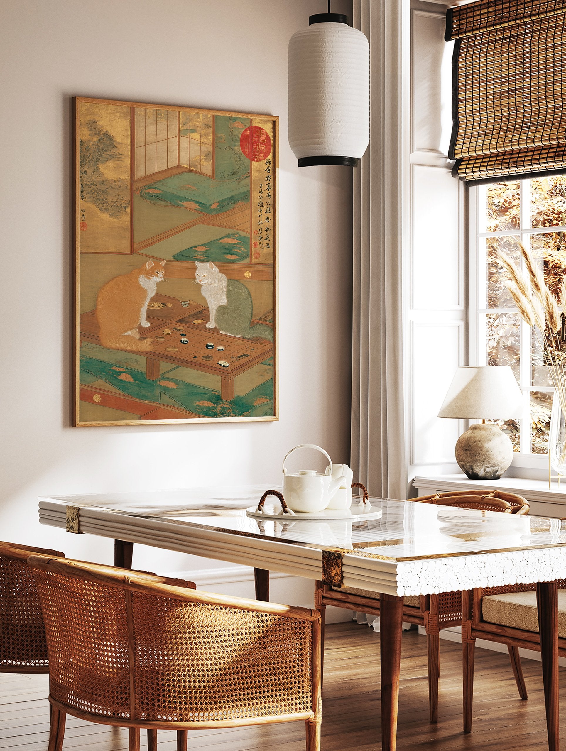 Japanese cats playing a Go board game poster in a traditional room with gold screens and green mats. - Image 2