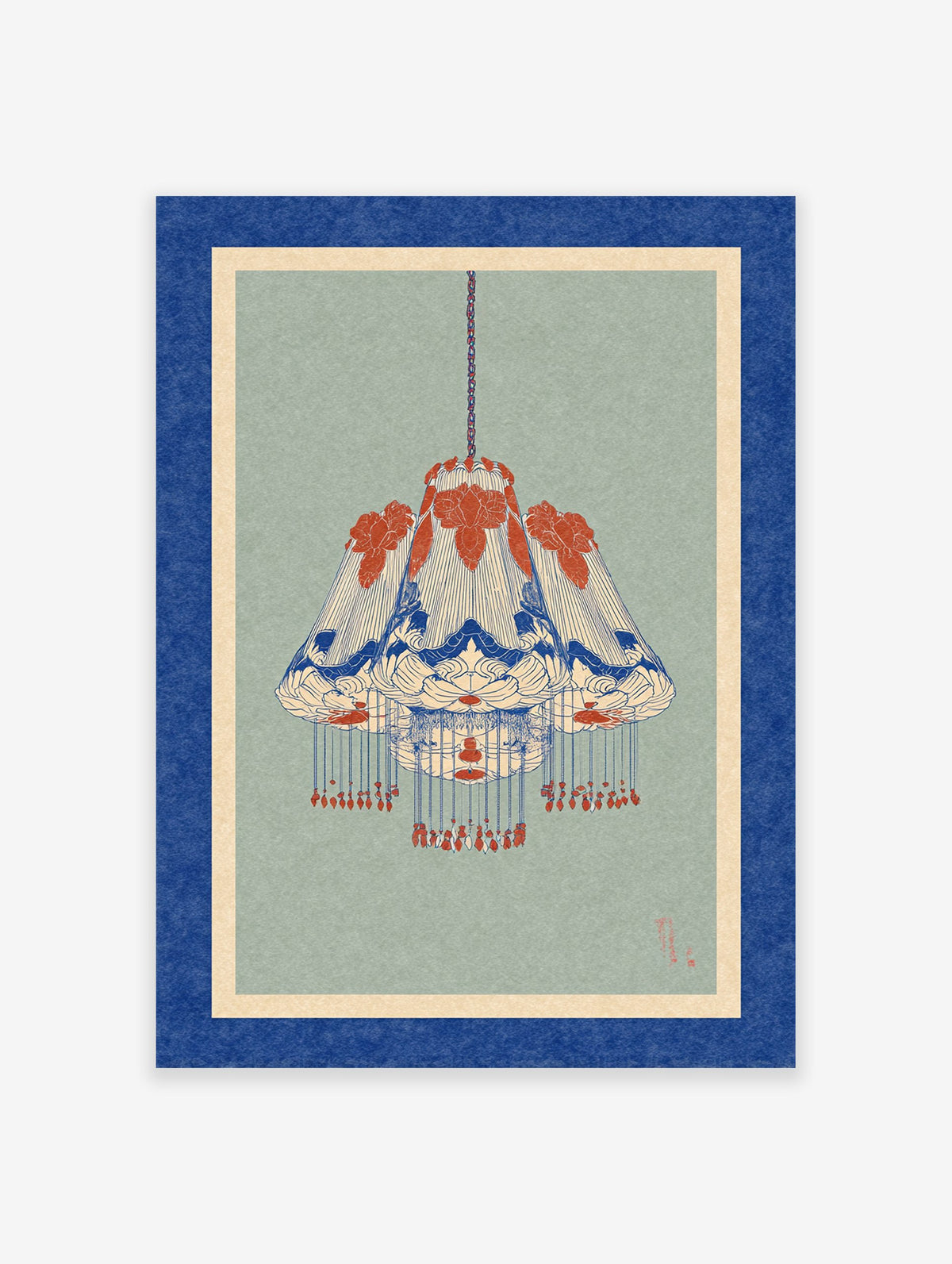 Japanese style chandelier art print in blue and red on a sage green background with a blue and cream border.