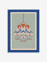 Japanese style chandelier art print in blue and red on a sage green background with a blue and cream border.