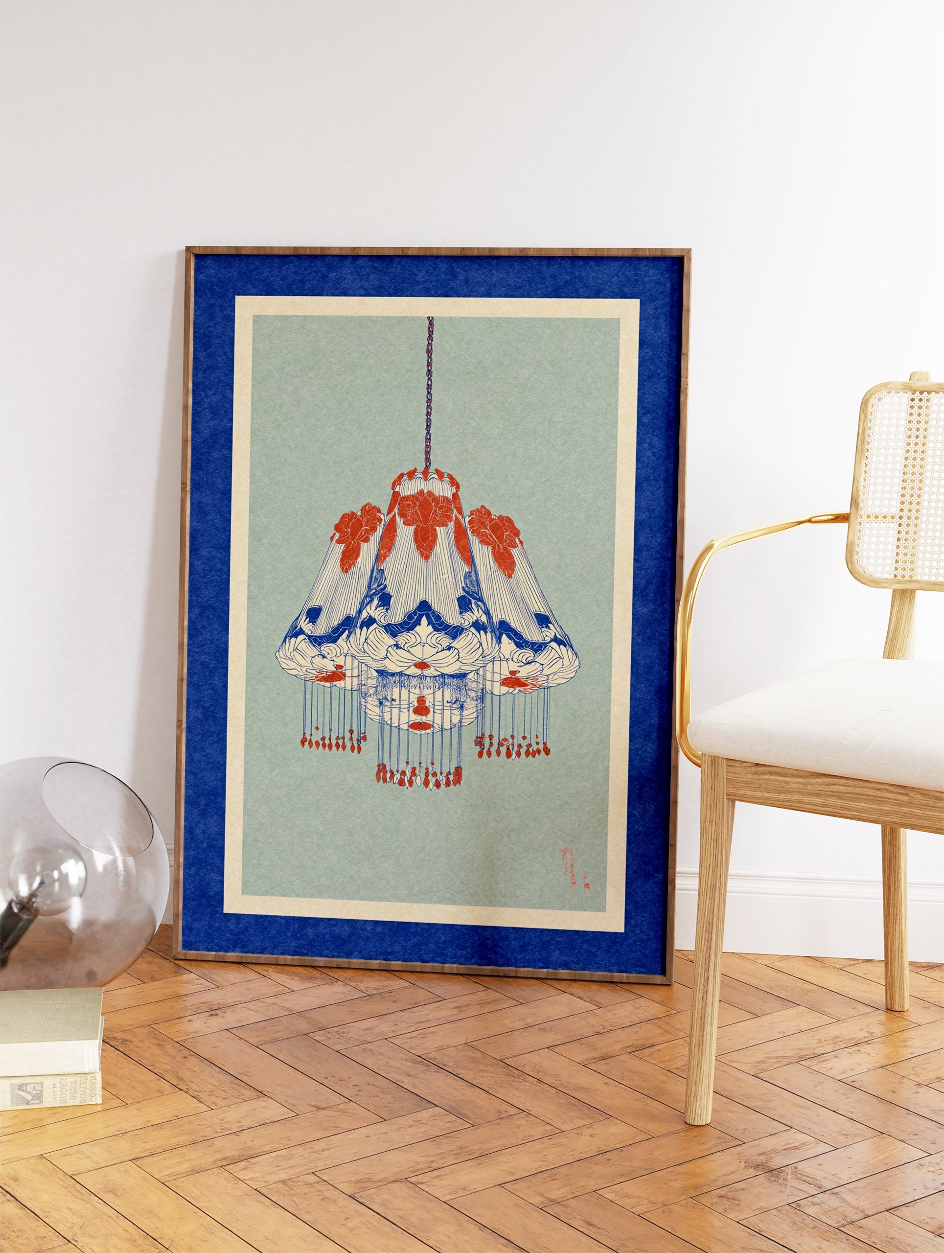 Japanese style chandelier art print in blue and red on a sage green background with a blue and cream border. - Image 2