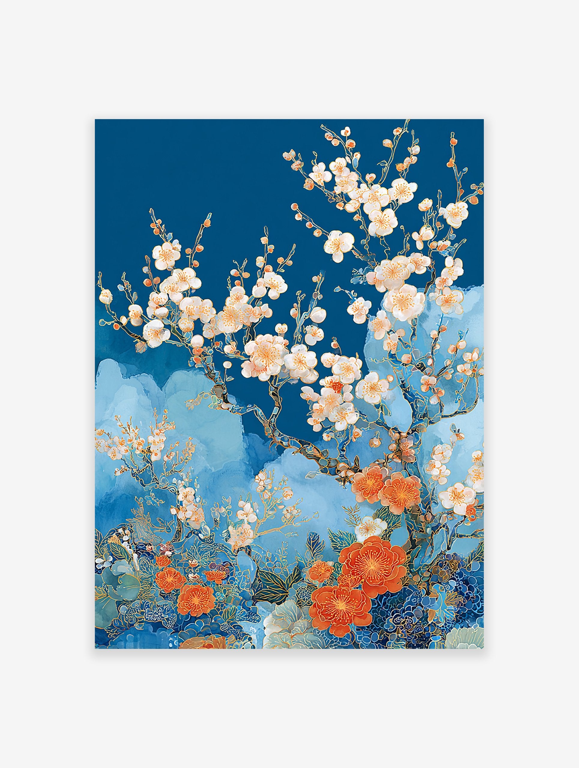 Japanese Cherry Blossom poster with white and orange flowers on a blue background in an illustrative style.