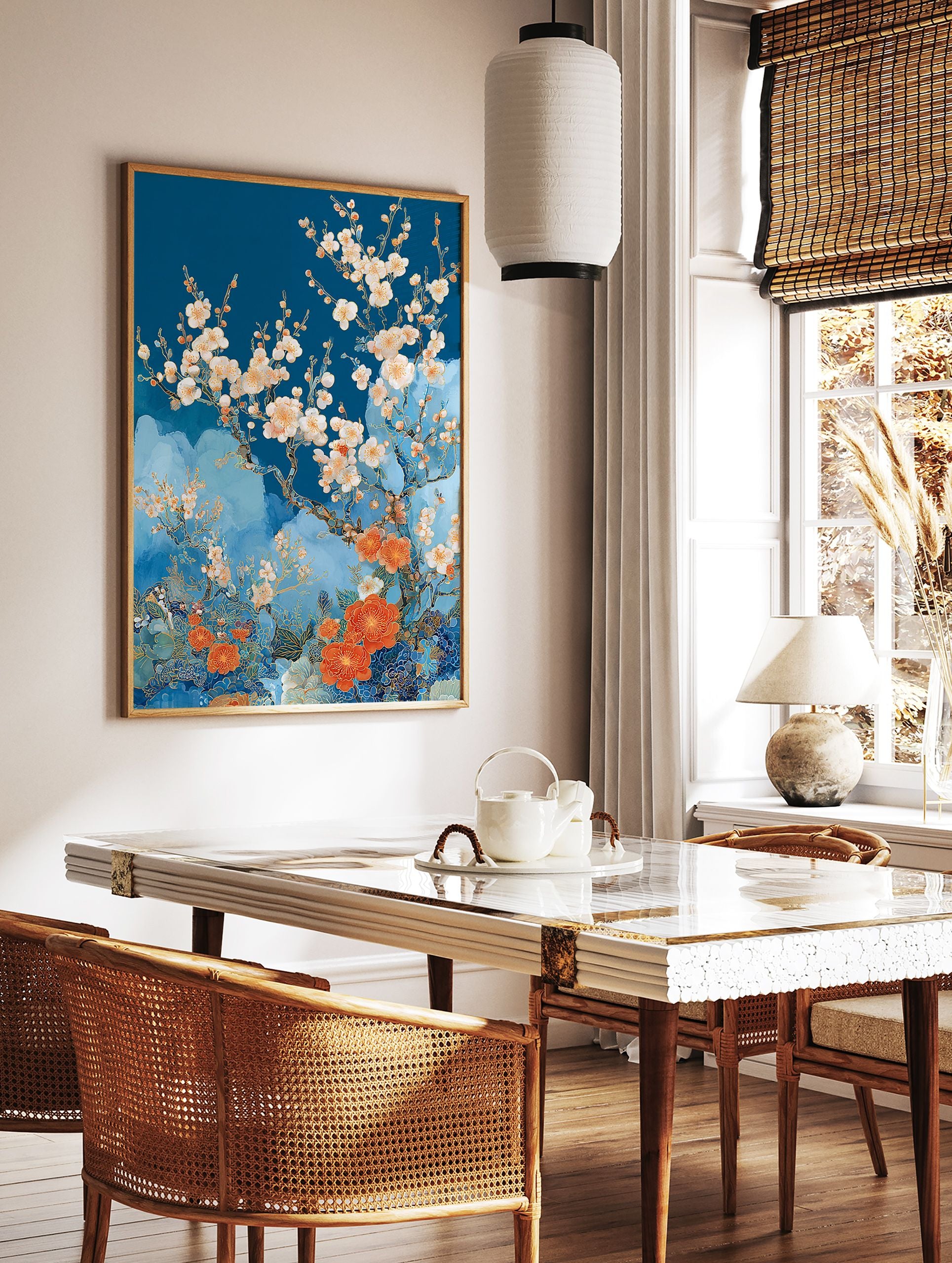 Japanese Cherry Blossom poster with white and orange flowers on a blue background in an illustrative style. - Image 2